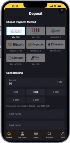 AmonBet deposit screen showing payment methods