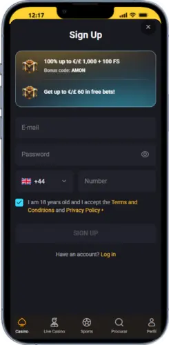 AmonBet registration form on mobile